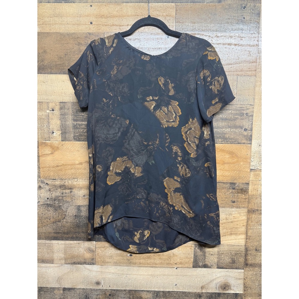 Wilfred Aritzia 100% Silk Floral Short Sleeve Keyhole‎ Back Blouse Gold Black S